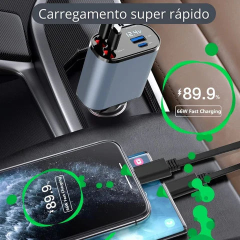 Carregador Veicular 4 em 1 com Cabos Retráteis
